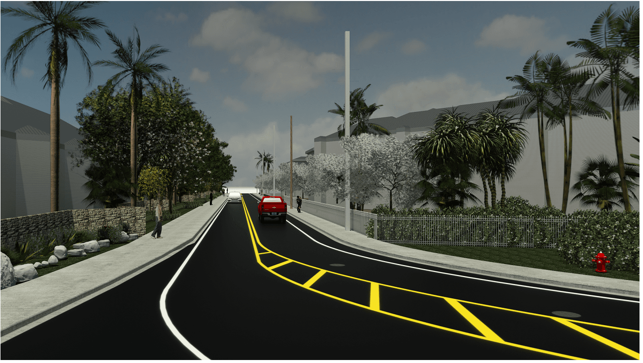 Computer rendering of a roadway with a path on each side